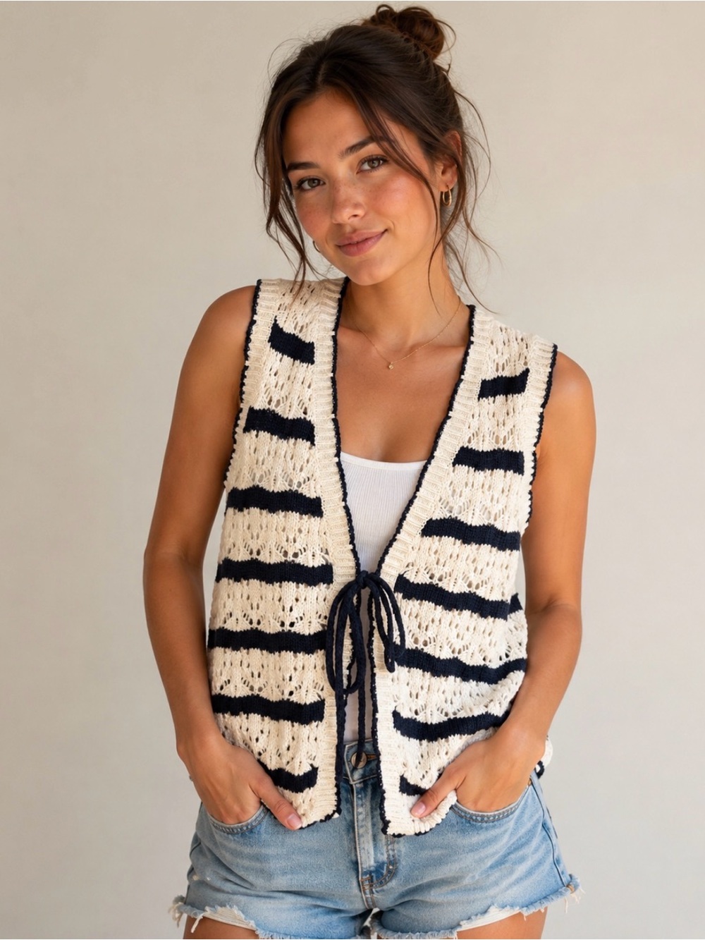 Aqua Blues Navy Cream Striped Crochet Tie Front Cardigan Boho M
